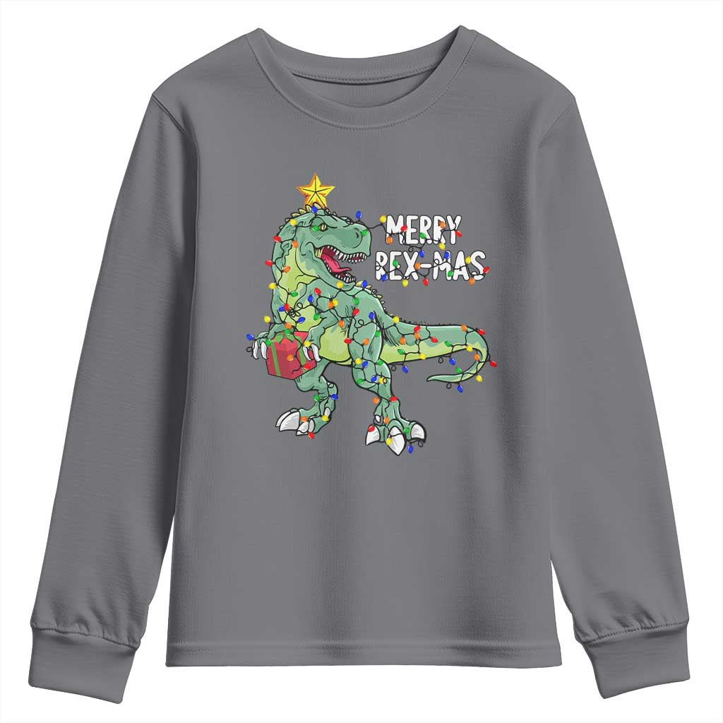 Dinosaur Christmas Tree Rex Youth Sweatshirt Merry Rex-Mas Xmas Pet Dino Trex Xmas Lights TS10 Charcoal Print Your Wear