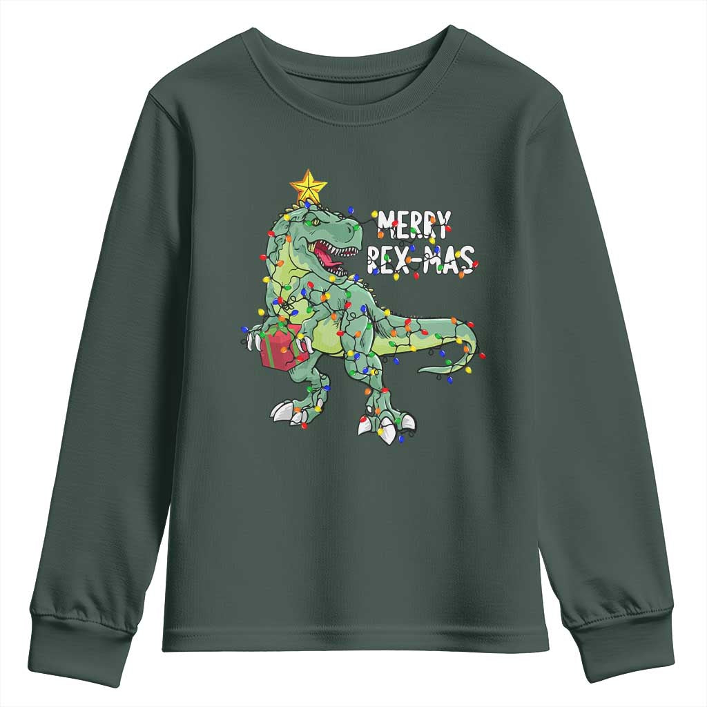 Dinosaur Christmas Tree Rex Youth Sweatshirt Merry Rex-Mas Xmas Pet Dino Trex Xmas Lights TS10 Dark Forest Green Print Your Wear