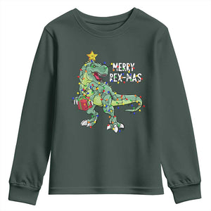 Dinosaur Christmas Tree Rex Youth Sweatshirt Merry Rex-Mas Xmas Pet Dino Trex Xmas Lights TS10 Dark Forest Green Print Your Wear