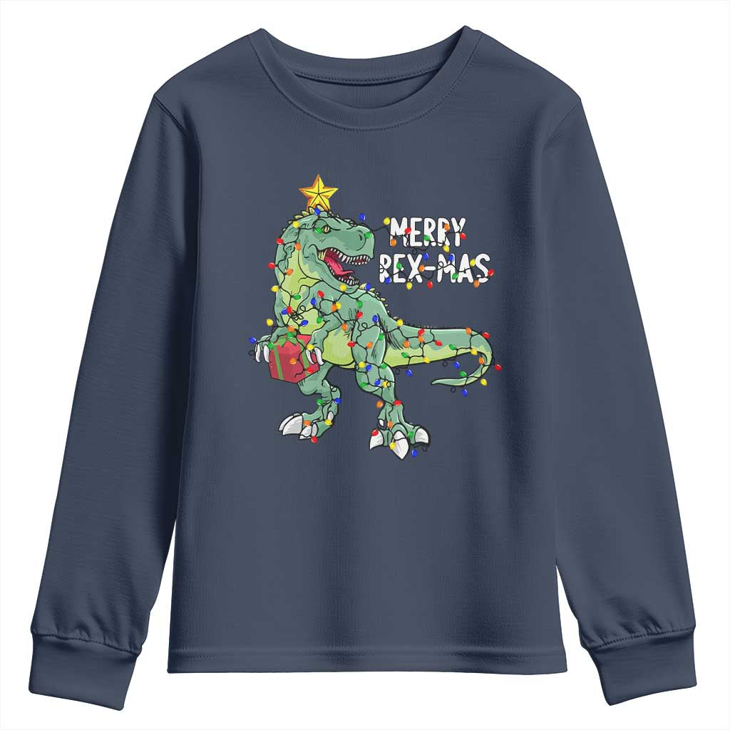 Dinosaur Christmas Tree Rex Youth Sweatshirt Merry Rex-Mas Xmas Pet Dino Trex Xmas Lights TS10 Navy Print Your Wear