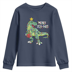 Dinosaur Christmas Tree Rex Youth Sweatshirt Merry Rex-Mas Xmas Pet Dino Trex Xmas Lights TS10 Navy Print Your Wear