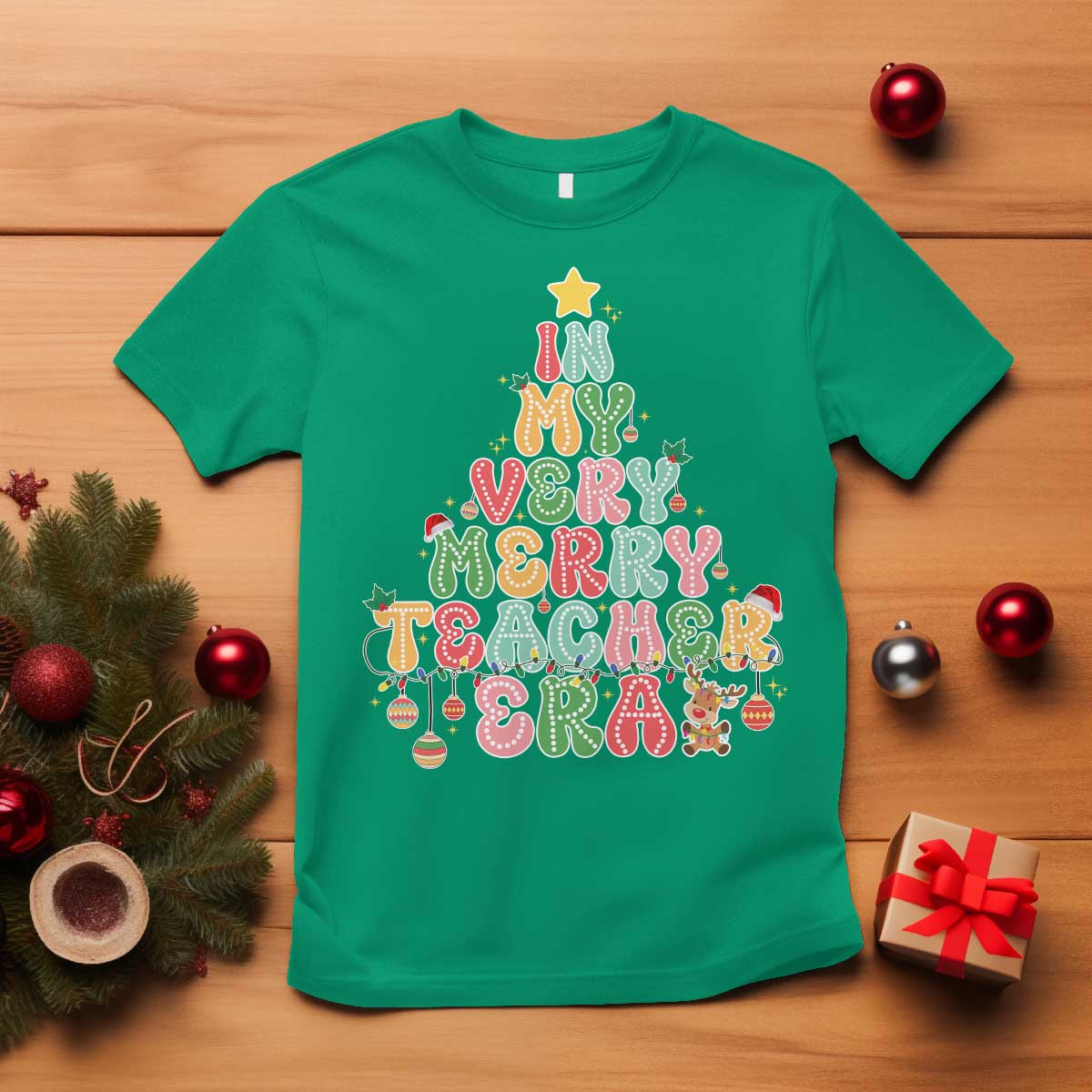 Christmas Teacher T Shirt In My Very Merry Teacher Era Xmas Tree TS10 Irish Green Print Your Wear