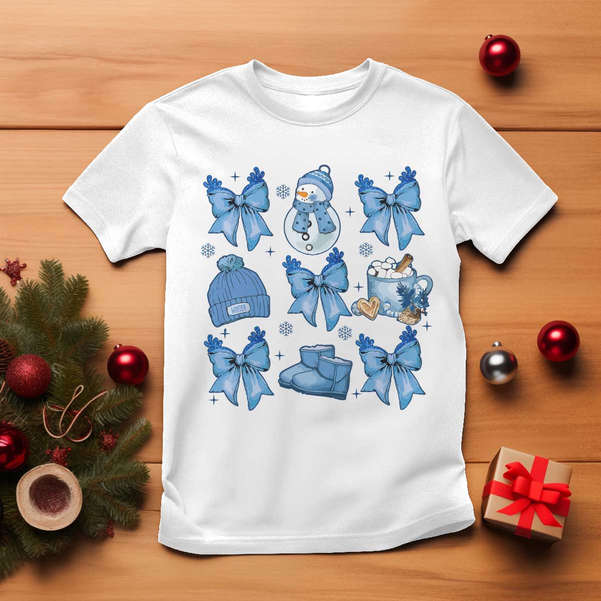 Coquette Bow Christmas T Shirt Cozy Winter Xmas Gift Blue Holiday TS10 White Print Your Wear