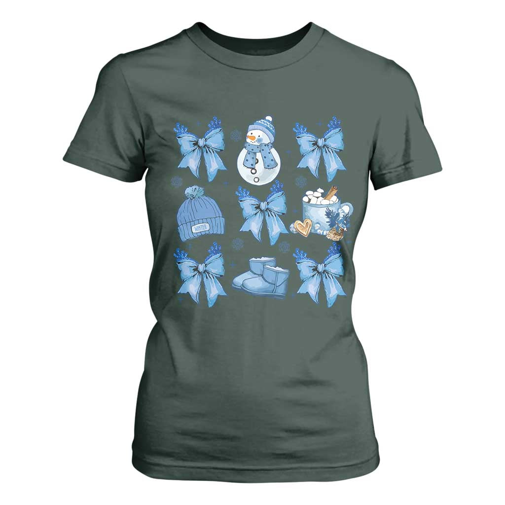 Coquette Bow Christmas T Shirt For Women Cozy Winter Xmas Gift Blue Holiday TS10 Dark Forest Green Print Your Wear
