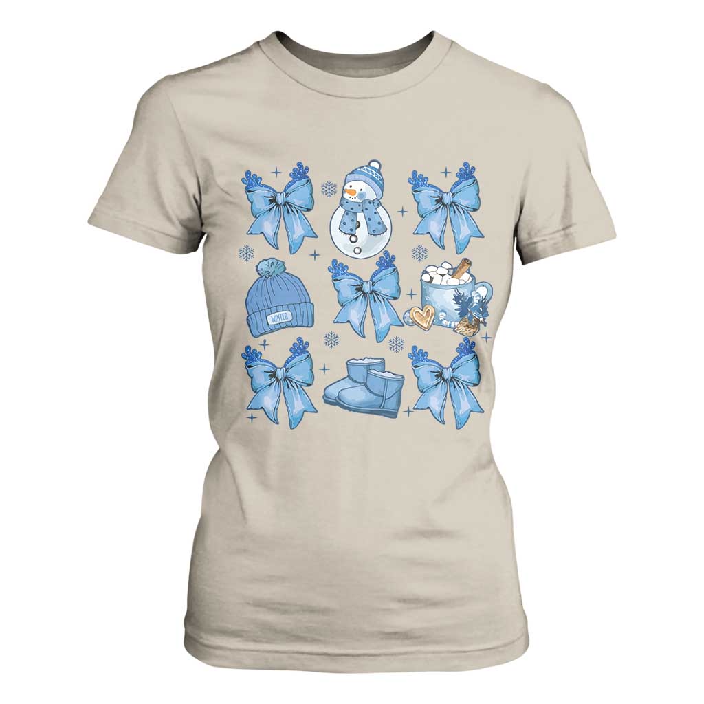 Coquette Bow Christmas T Shirt For Women Cozy Winter Xmas Gift Blue Holiday TS10 Sand Print Your Wear