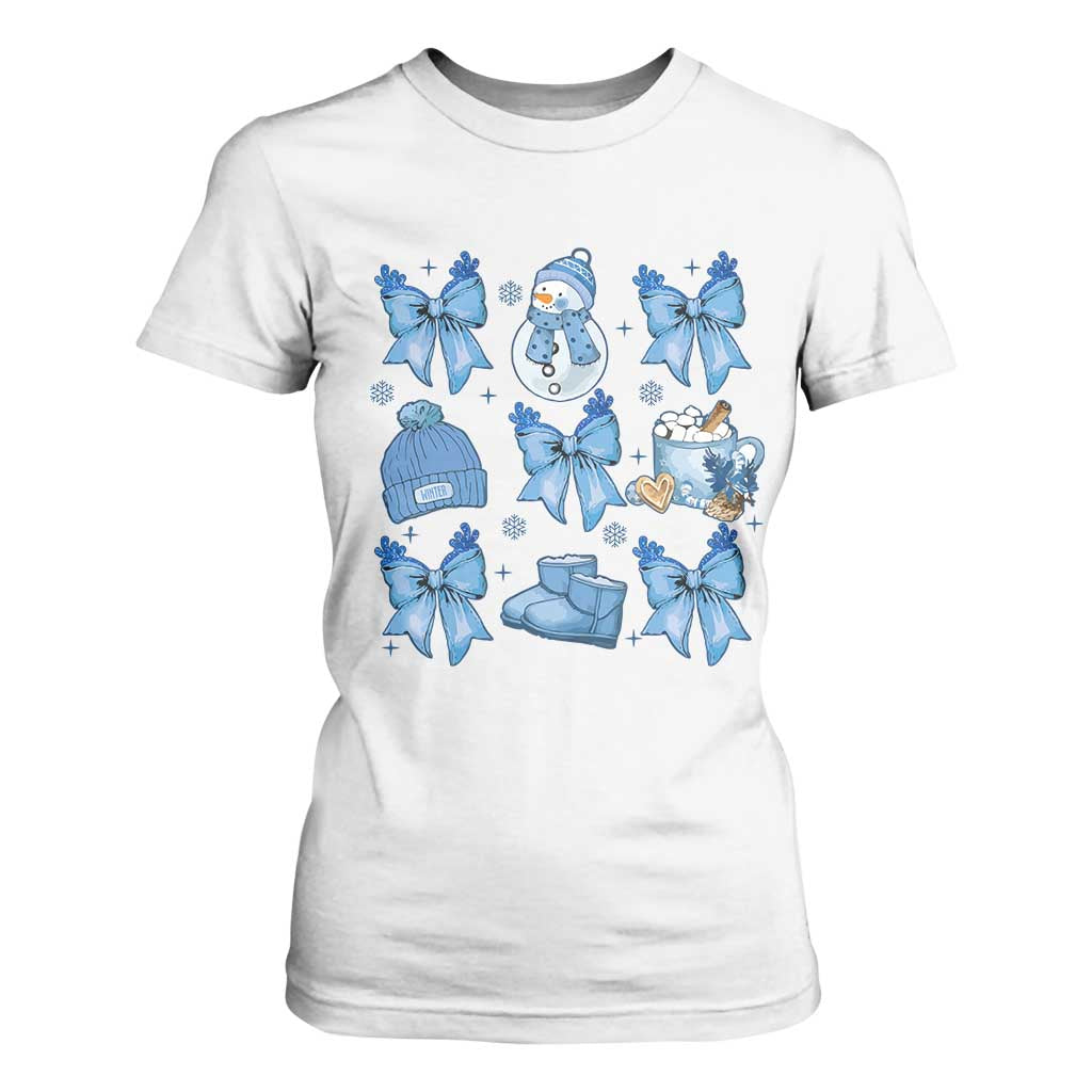 Coquette Bow Christmas T Shirt For Women Cozy Winter Xmas Gift Blue Holiday TS10 White Print Your Wear