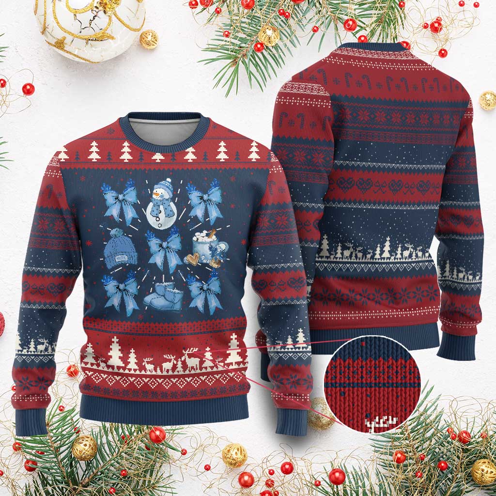 Coquette Bow Ugly Christmas Sweater Cozy Winter Xmas Gift Blue Holiday TS10 Burgundy Print Your Wear