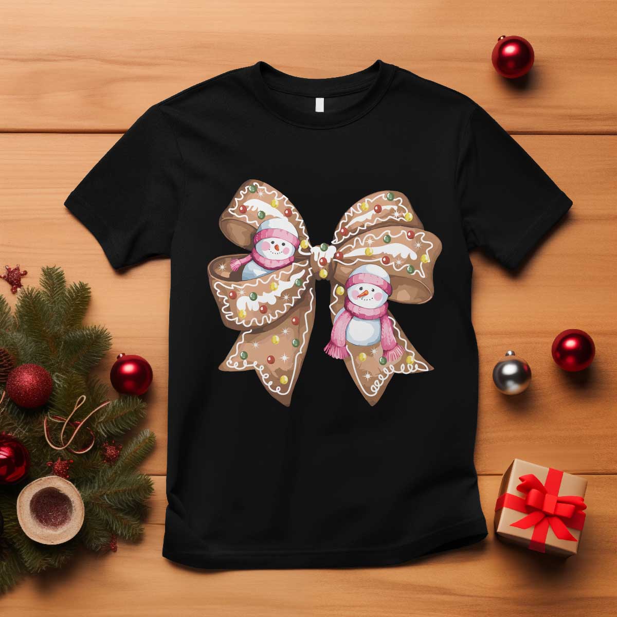 Gingerbread Coquette Bow Christmas T Shirt Cute Snowman Girly Xmas Gifts For Her TS10 Black Print Your Wear