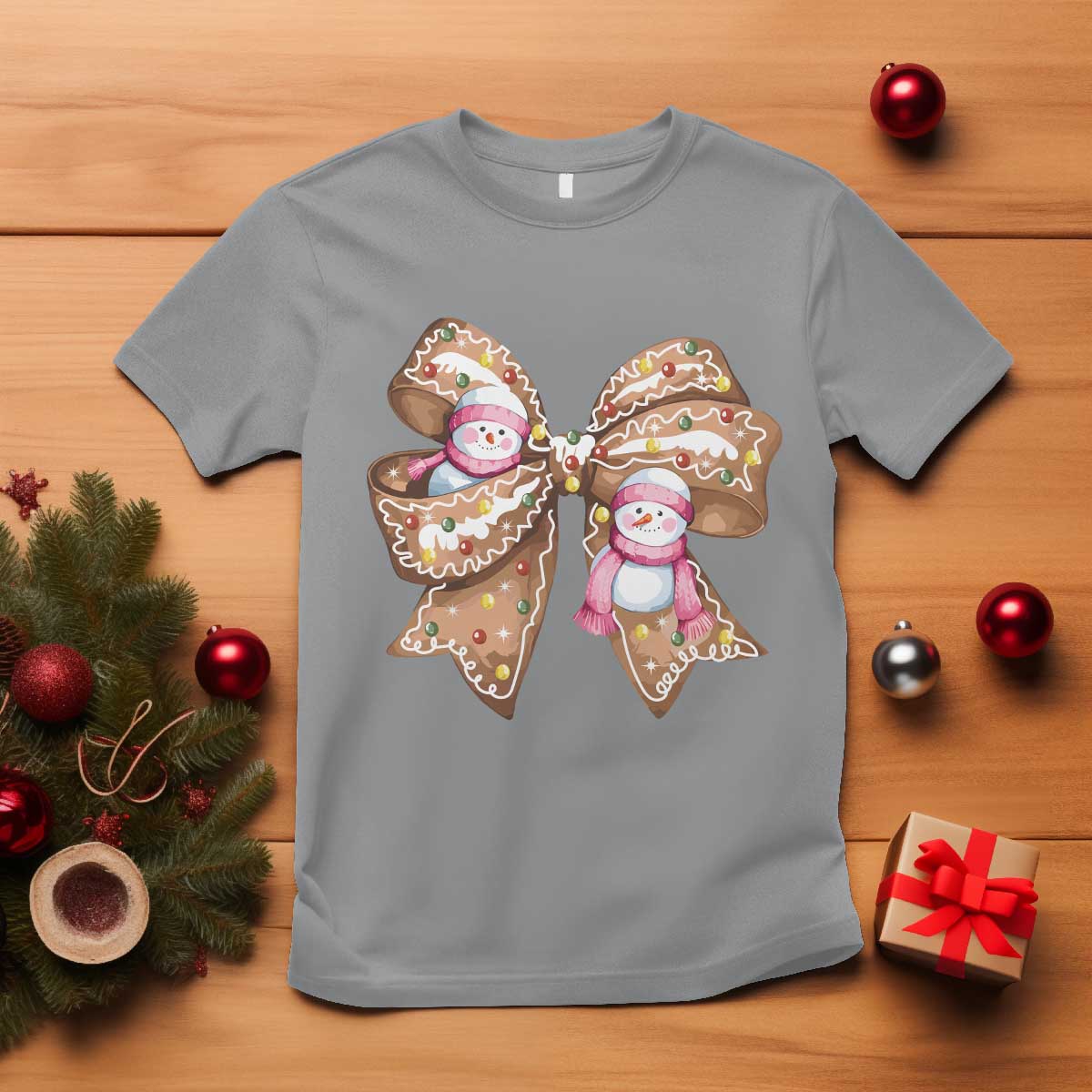 Gingerbread Coquette Bow Christmas T Shirt Cute Snowman Girly Xmas Gifts For Her TS10 Sport Gray Print Your Wear