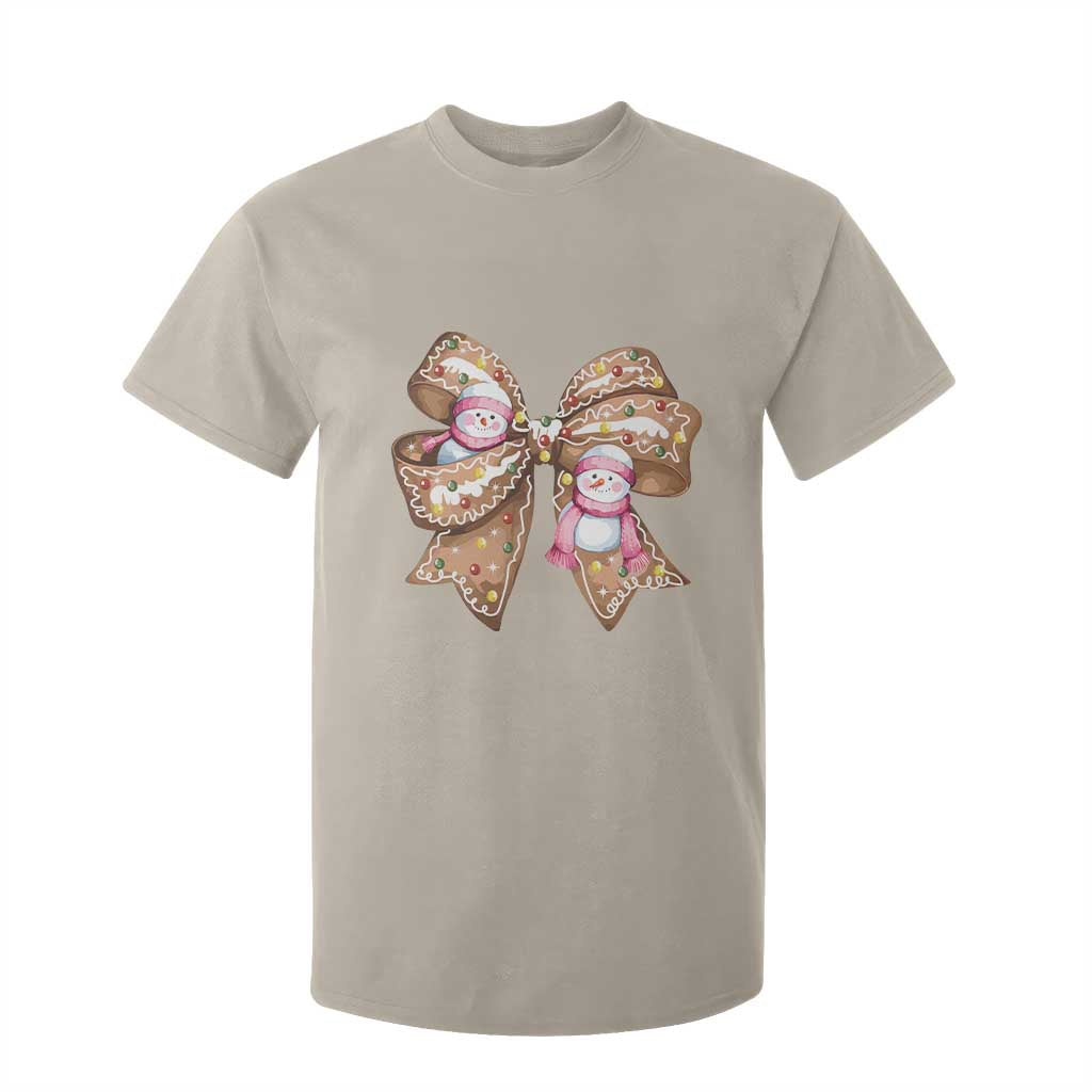 Gingerbread Coquette Bow Christmas T Shirt For Kid Cute Snowman Girly Xmas Gifts For Her TS10 Sand Print Your Wear