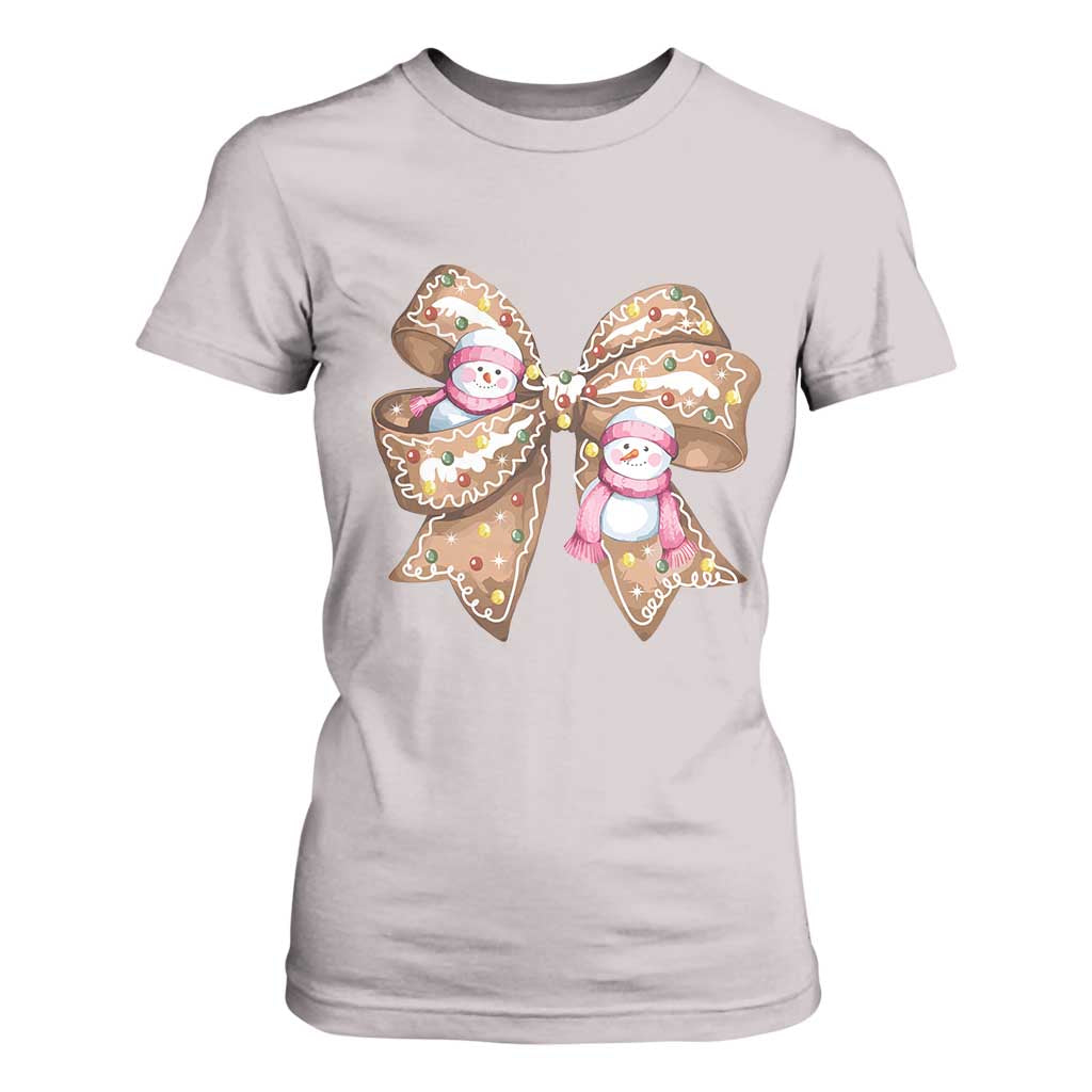 Gingerbread Coquette Bow Christmas T Shirt For Women Cute Snowman Girly Xmas Gifts For Her TS10 Ice Gray Print Your Wear