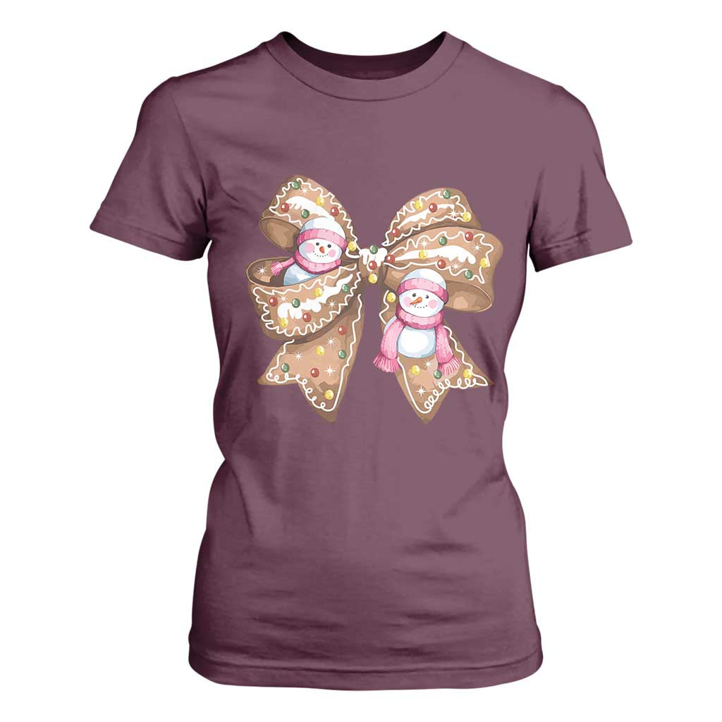 Gingerbread Coquette Bow Christmas T Shirt For Women Cute Snowman Girly Xmas Gifts For Her TS10 Maroon Print Your Wear