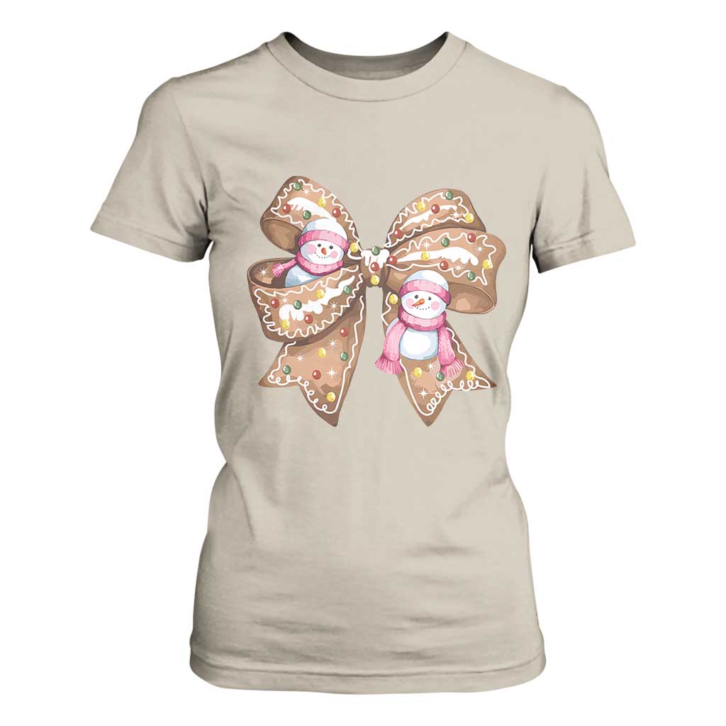 Gingerbread Coquette Bow Christmas T Shirt For Women Cute Snowman Girly Xmas Gifts For Her TS10 Sand Print Your Wear