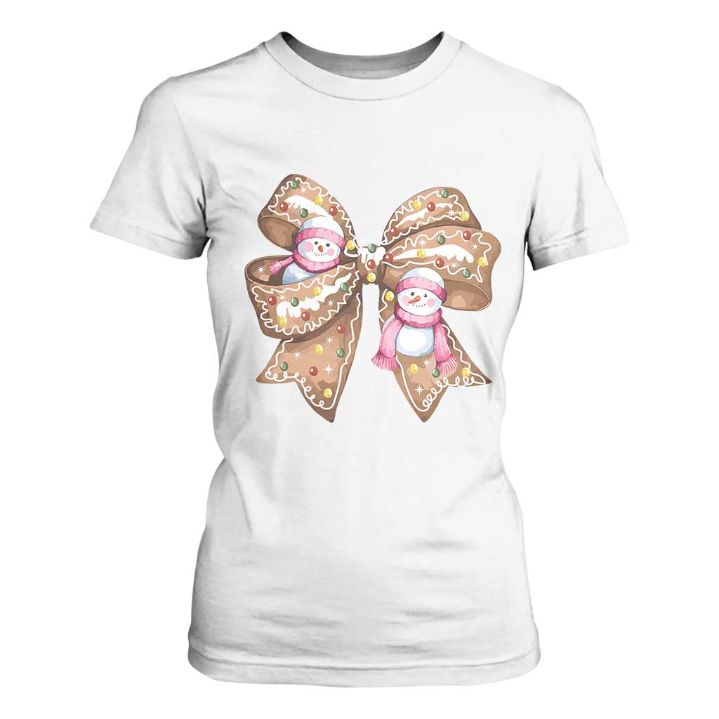 Gingerbread Coquette Bow Christmas T Shirt For Women Cute Snowman Girly Xmas Gifts For Her TS10 White Print Your Wear
