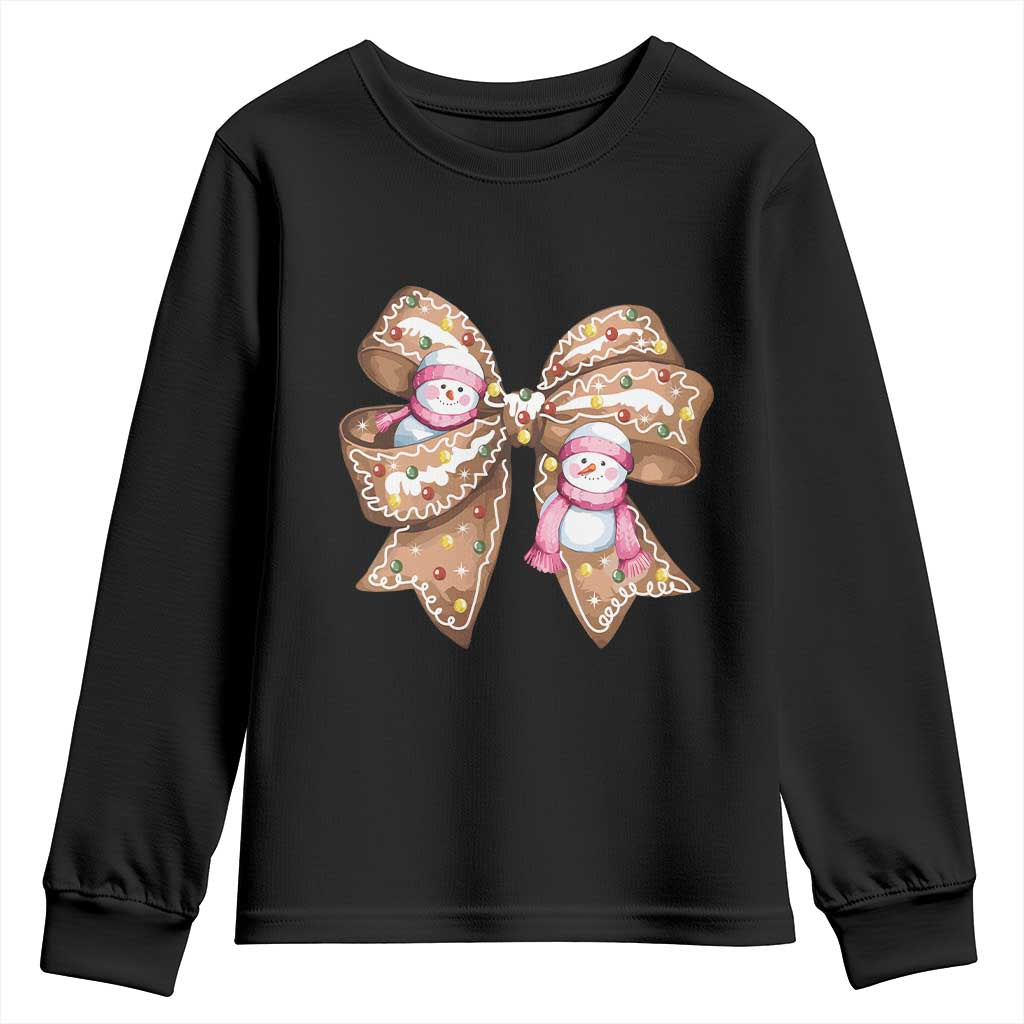 Gingerbread Coquette Bow Christmas Youth Sweatshirt Cute Snowman Girly Xmas Gifts For Her TS10 Black Print Your Wear