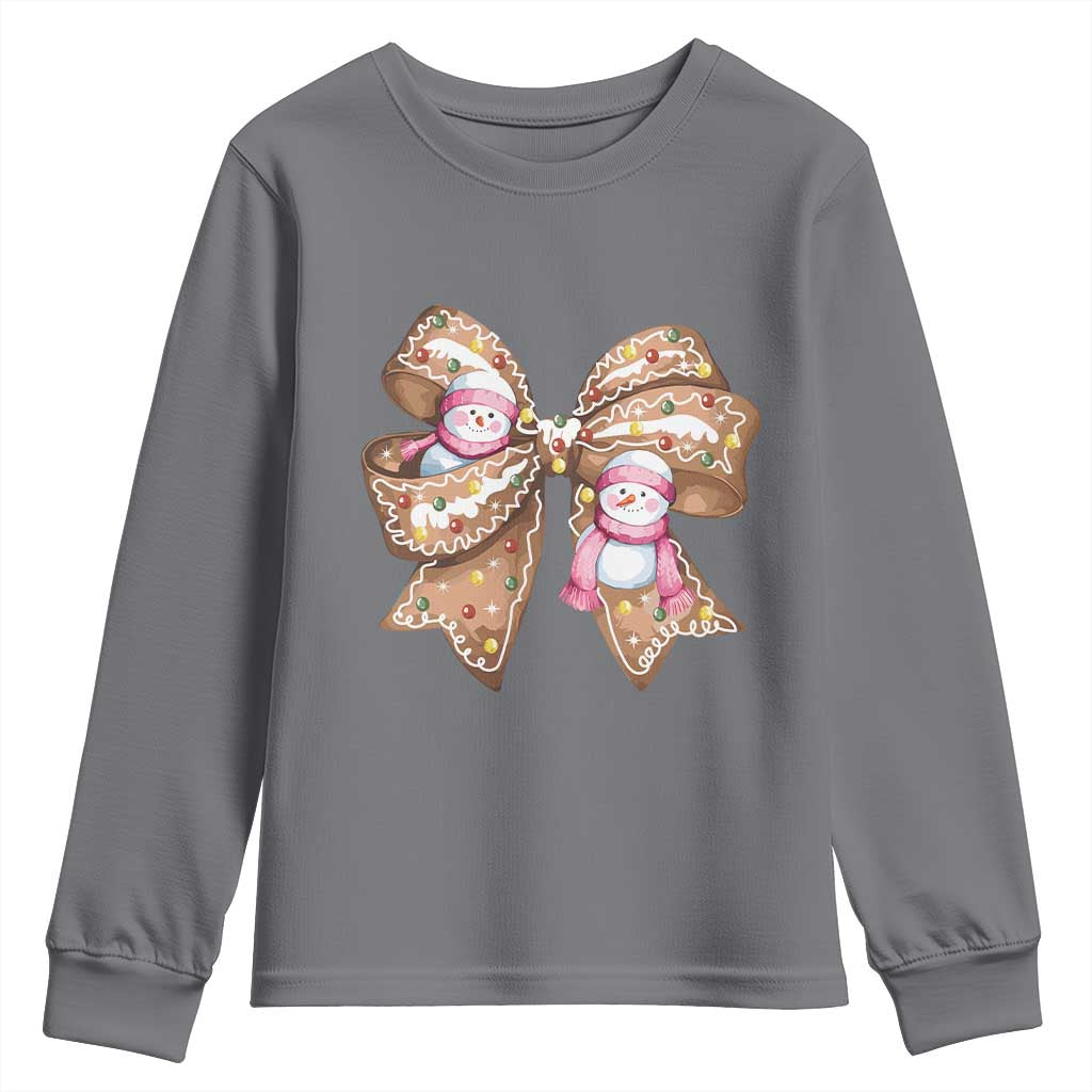 Gingerbread Coquette Bow Christmas Youth Sweatshirt Cute Snowman Girly Xmas Gifts For Her TS10 Charcoal Print Your Wear