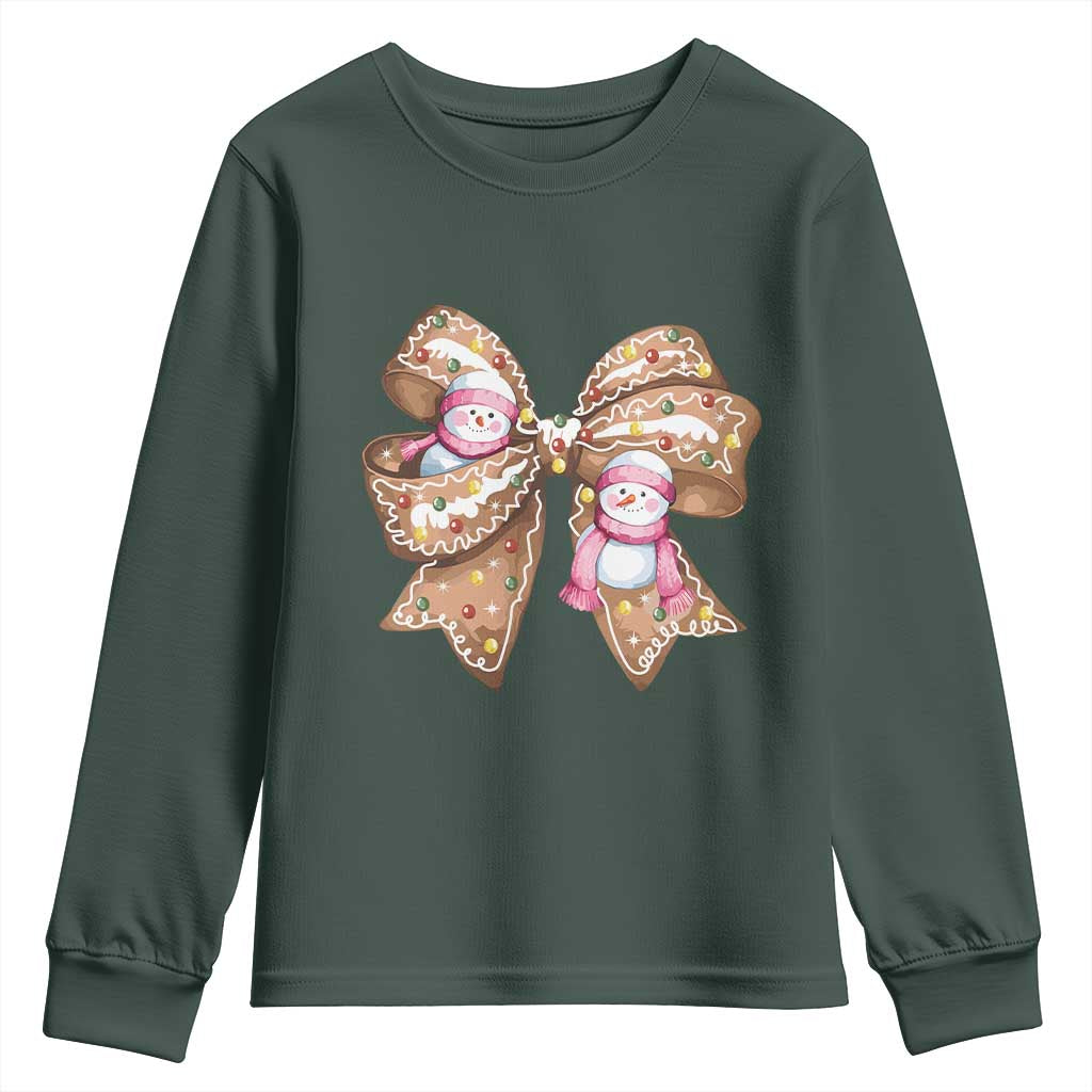 Gingerbread Coquette Bow Christmas Youth Sweatshirt Cute Snowman Girly Xmas Gifts For Her TS10 Dark Forest Green Print Your Wear