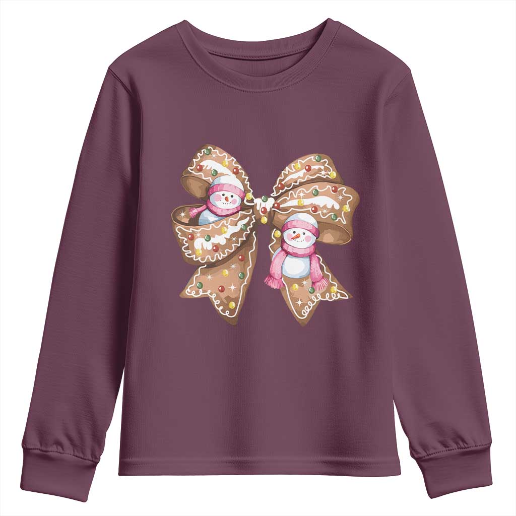 Gingerbread Coquette Bow Christmas Youth Sweatshirt Cute Snowman Girly Xmas Gifts For Her TS10 Maroon Print Your Wear