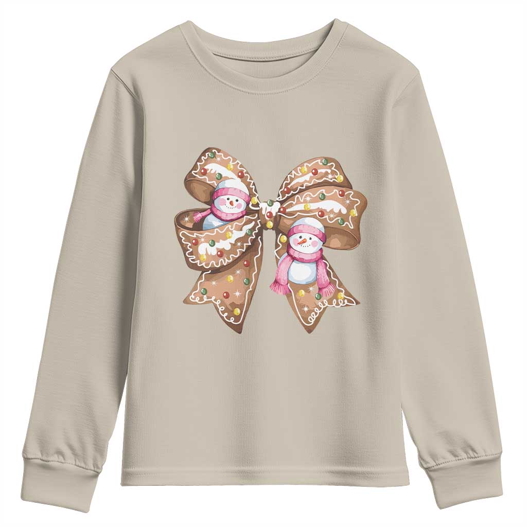 Gingerbread Coquette Bow Christmas Youth Sweatshirt Cute Snowman Girly Xmas Gifts For Her TS10 Sand Print Your Wear
