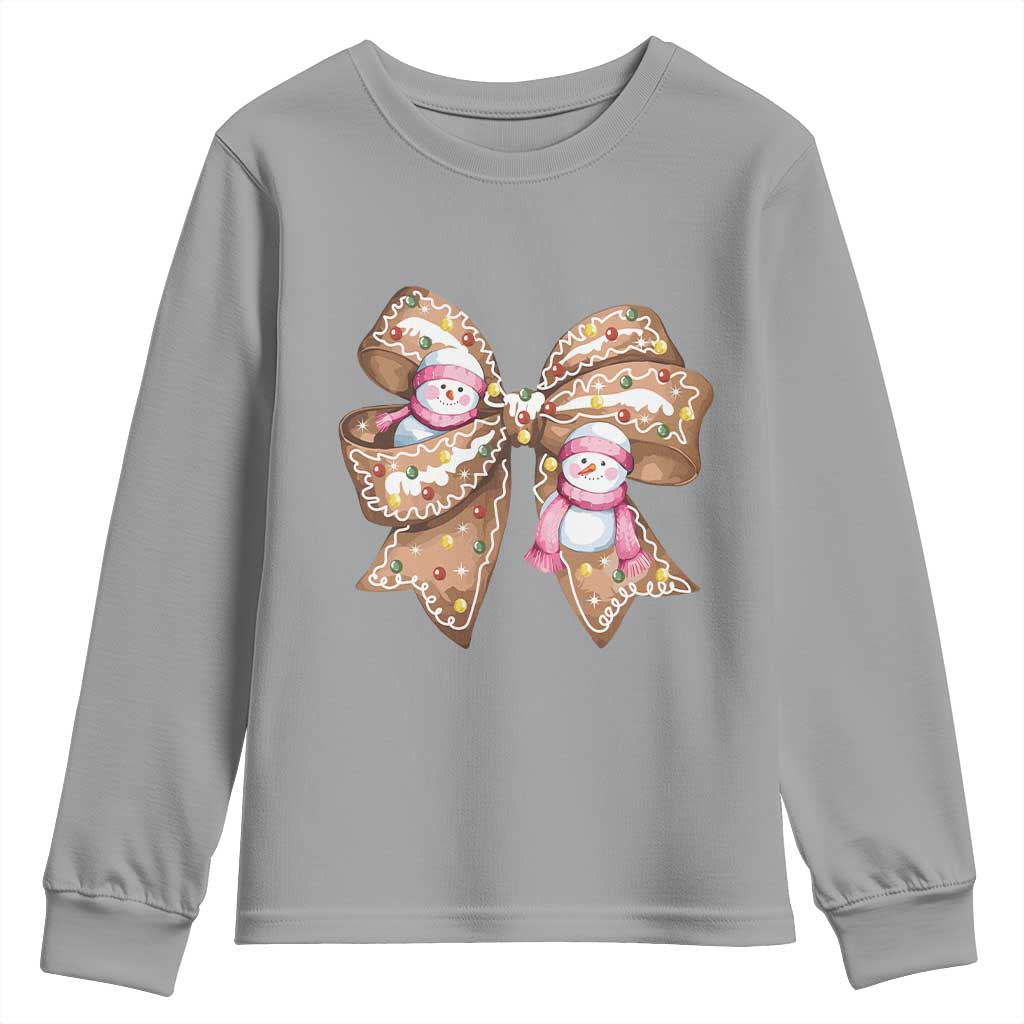 Gingerbread Coquette Bow Christmas Youth Sweatshirt Cute Snowman Girly Xmas Gifts For Her TS10 Sport Gray Print Your Wear