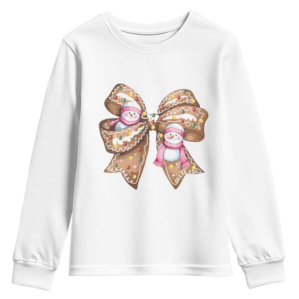 Gingerbread Coquette Bow Christmas Youth Sweatshirt Cute Snowman Girly Xmas Gifts For Her TS10 White Print Your Wear