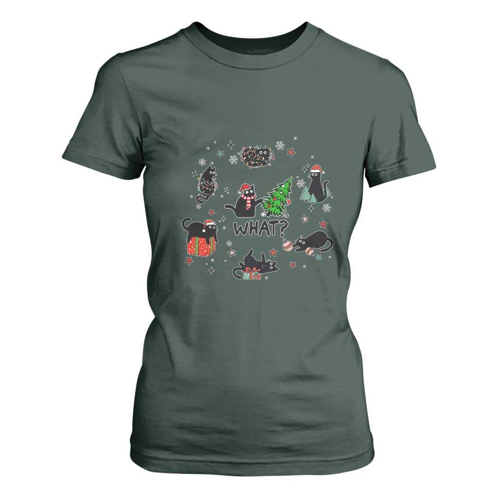 Cute Cat Christmas T Shirt For Women What? Funny Meowy Catmas Gift For New Year TS10 Dark Forest Green Print Your Wear