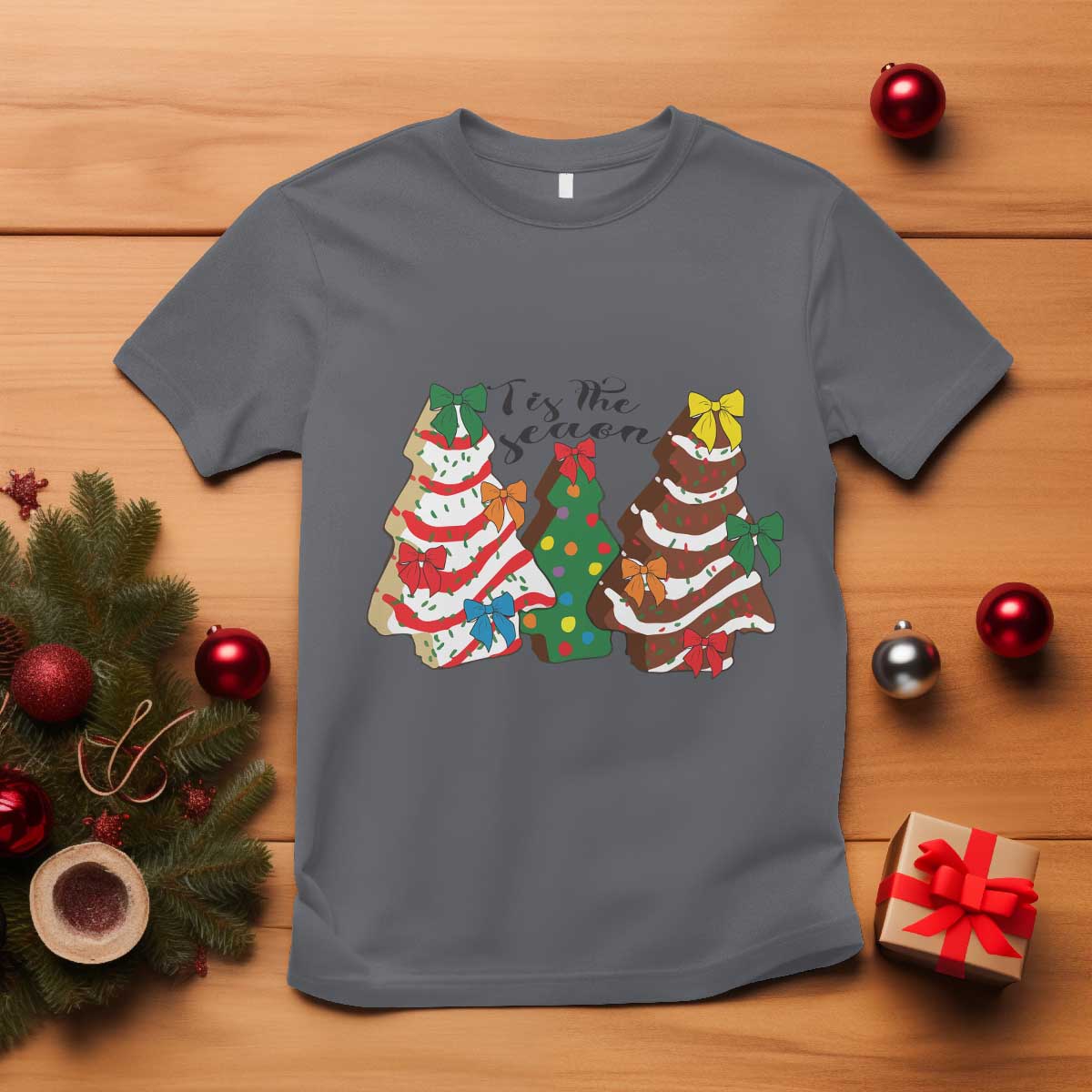 Christmas Cake Tree Bow T Shirt Tis The Season TS10 Charcoal Print Your Wear