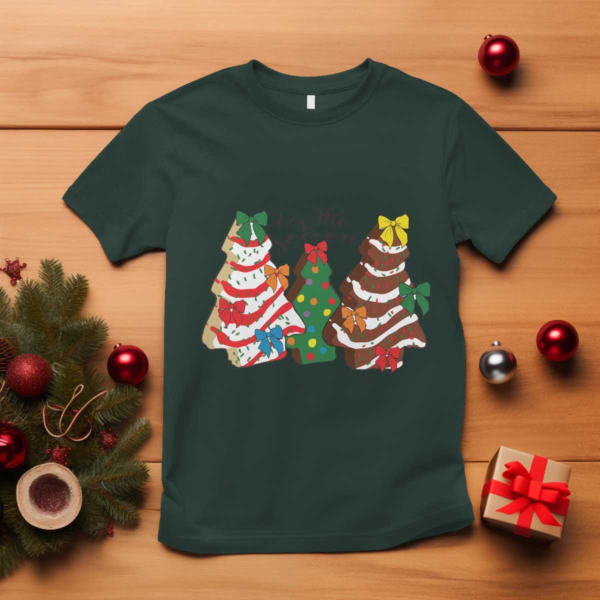 Christmas Cake Tree Bow T Shirt Tis The Season TS10 Dark Forest Green Print Your Wear