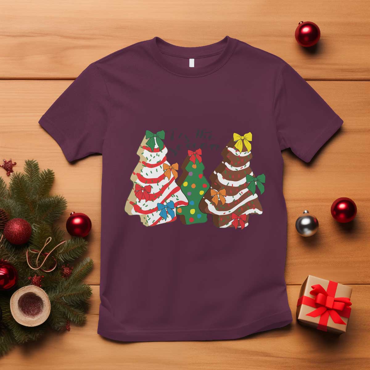 Christmas Cake Tree Bow T Shirt Tis The Season TS10 Maroon Print Your Wear