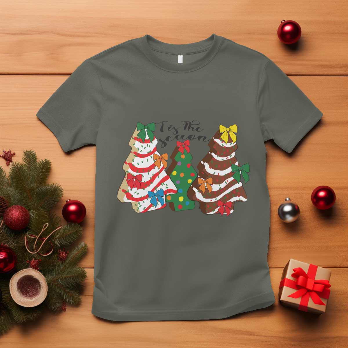 Christmas Cake Tree Bow T Shirt Tis The Season TS10 Military Green Print Your Wear