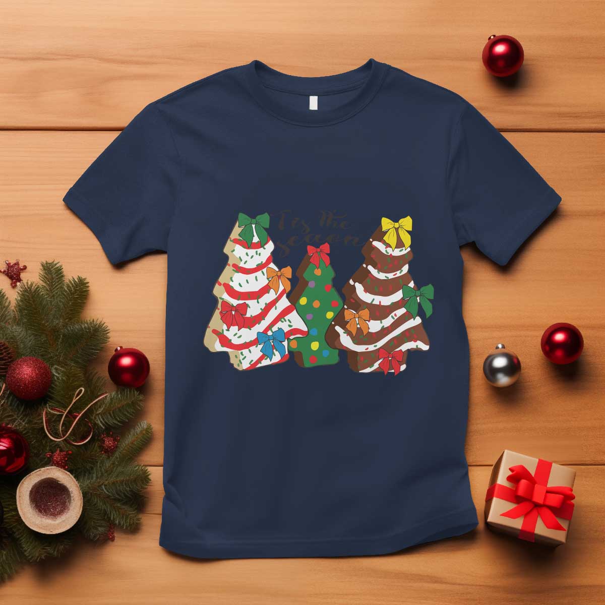 Christmas Cake Tree Bow T Shirt Tis The Season TS10 Navy Print Your Wear