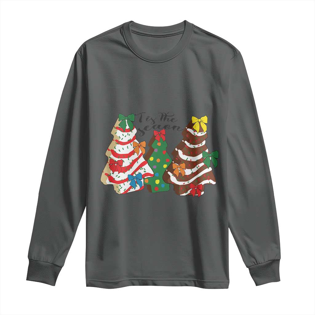 Christmas Cake Tree Bow Long Sleeve Shirt Tis The Season TS10 Dark Heather Print Your Wear