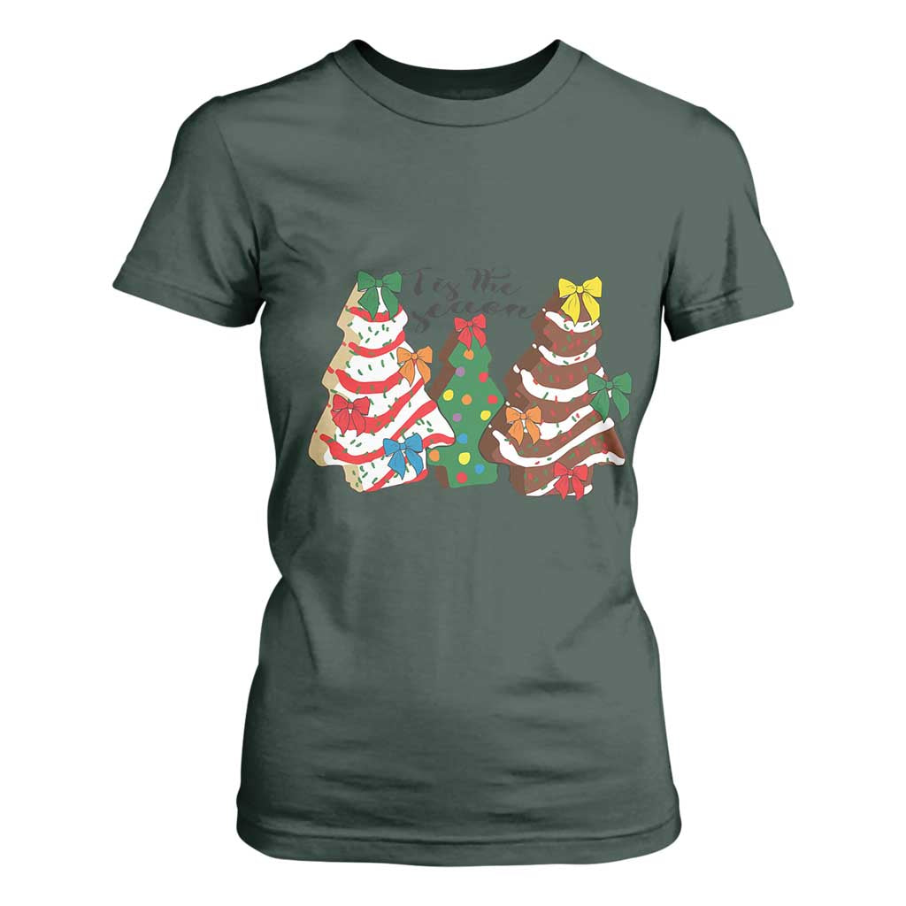 Christmas Cake Tree Bow T Shirt For Women Tis The Season TS10 Dark Forest Green Print Your Wear