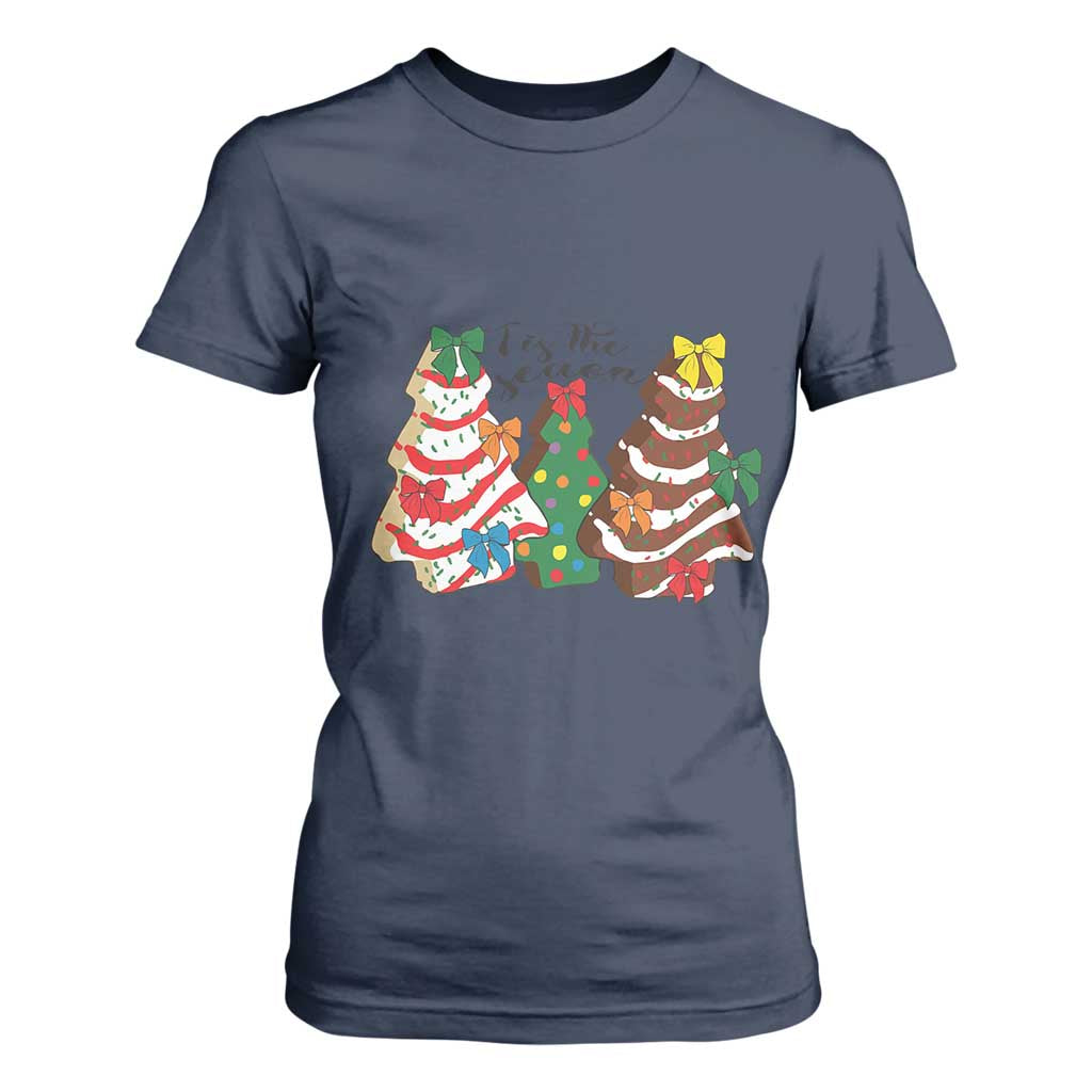 Christmas Cake Tree Bow T Shirt For Women Tis The Season TS10 Navy Print Your Wear