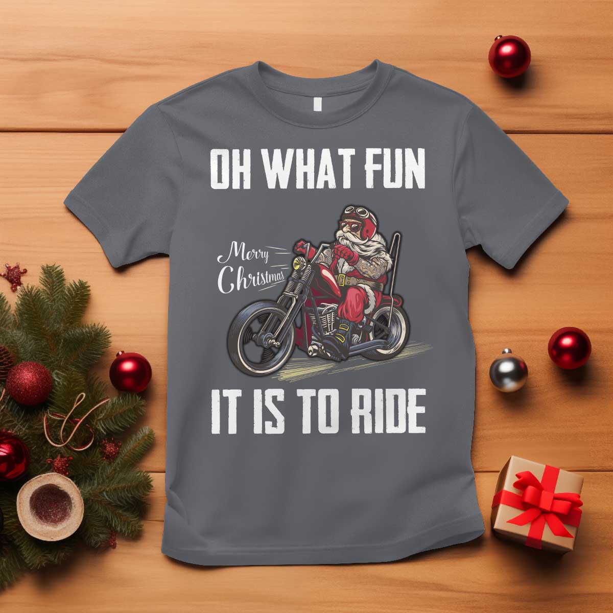 Funny Christmas Motorcycle Santa T Shirt Oh What Fun It Is To Ride Motorbike Rider Xmas Gift TS10 Charcoal Print Your Wear