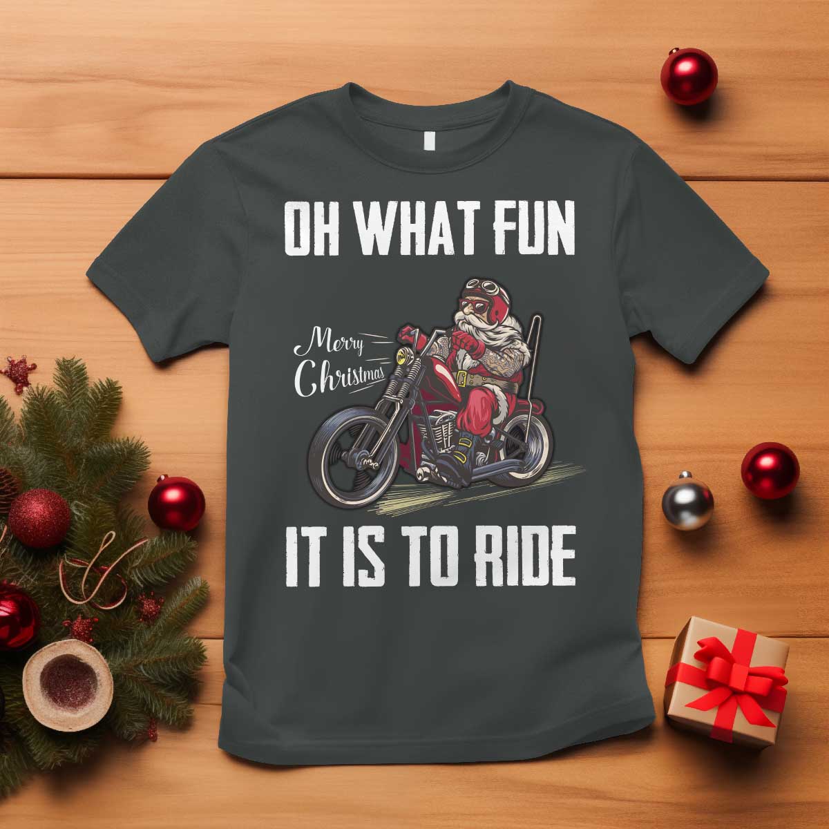 Funny Christmas Motorcycle Santa T Shirt Oh What Fun It Is To Ride Motorbike Rider Xmas Gift TS10 Dark Heather Print Your Wear
