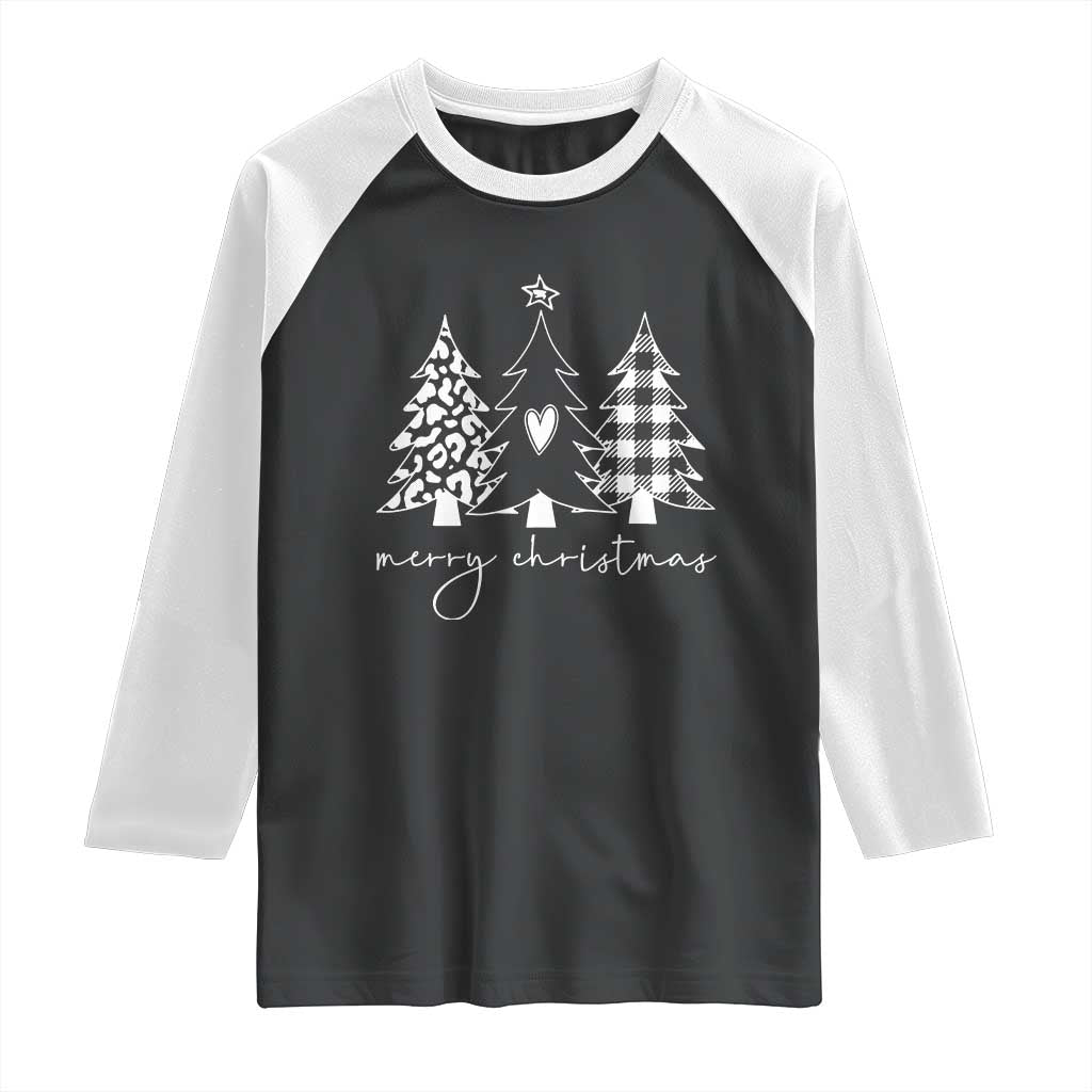 Merry & Bright Christmas Trees Raglan Shirt Chic Winter Shirt Cute Holiday Tee Xmas Gift TS10 Black White Print Your Wear