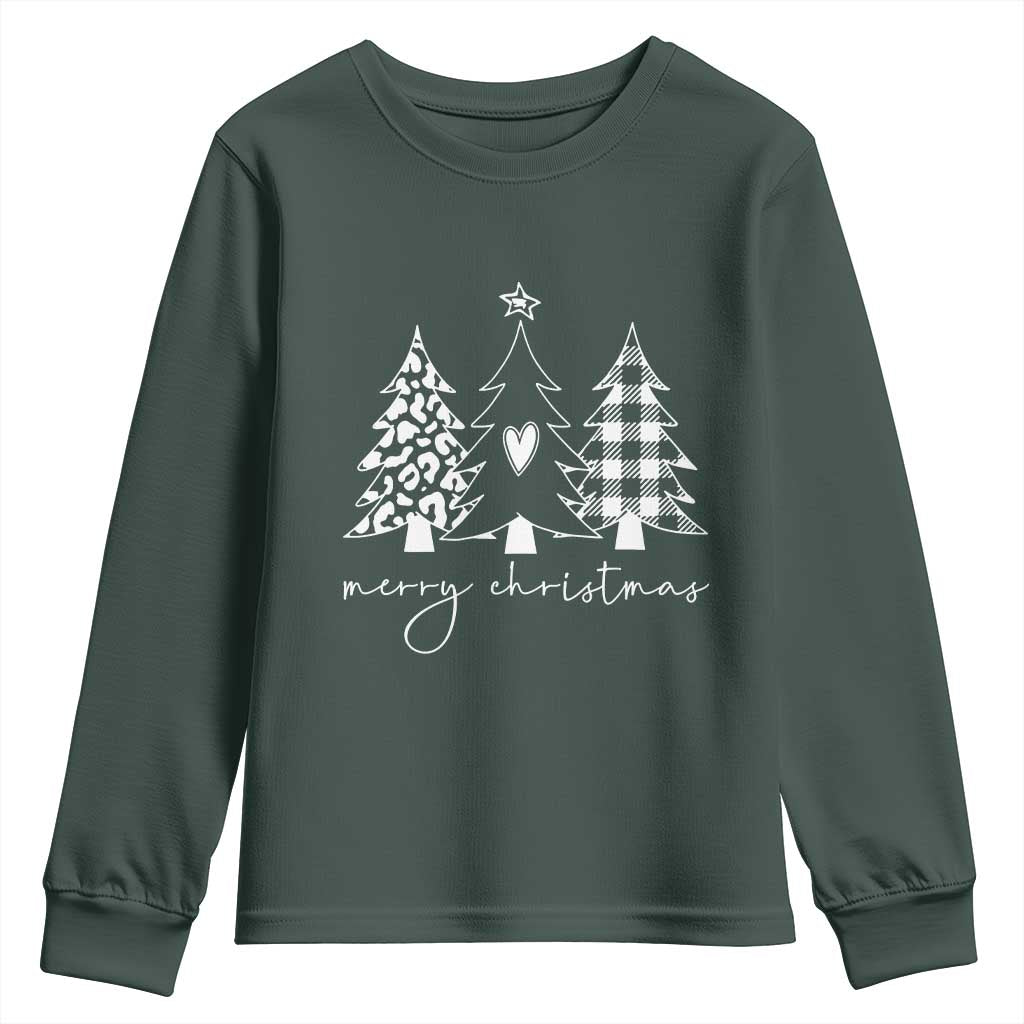 Merry & Bright Christmas Trees Youth Sweatshirt Chic Winter Shirt Cute Holiday Tee Xmas Gift TS10 Dark Forest Green Print Your Wear