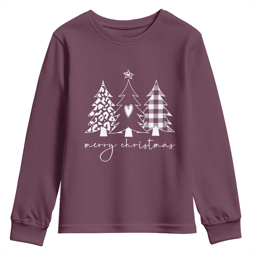 Merry & Bright Christmas Trees Youth Sweatshirt Chic Winter Shirt Cute Holiday Tee Xmas Gift TS10 Maroon Print Your Wear