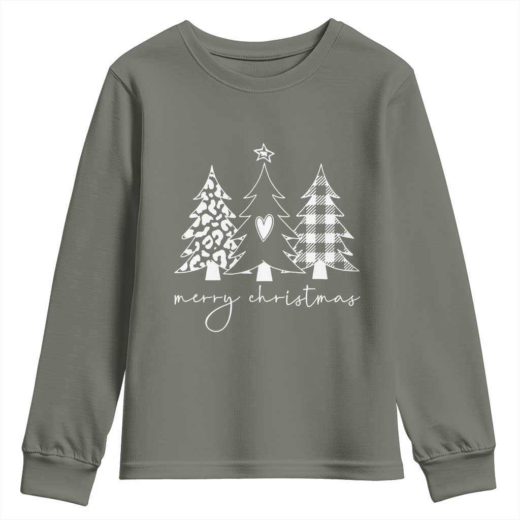 Merry & Bright Christmas Trees Youth Sweatshirt Chic Winter Shirt Cute Holiday Tee Xmas Gift TS10 Military Green Print Your Wear