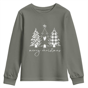 Merry & Bright Christmas Trees Youth Sweatshirt Chic Winter Shirt Cute Holiday Tee Xmas Gift TS10 Military Green Print Your Wear