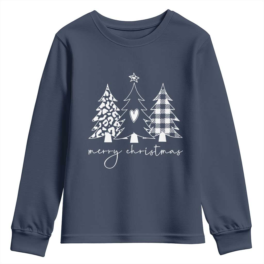 Merry & Bright Christmas Trees Youth Sweatshirt Chic Winter Shirt Cute Holiday Tee Xmas Gift TS10 Navy Print Your Wear