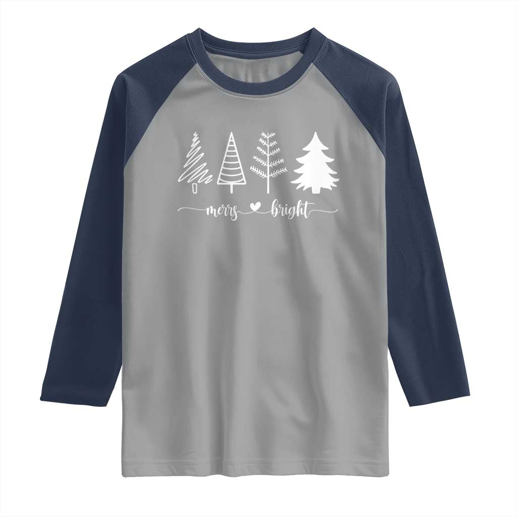 Merry and Bright Christmas Trees Raglan Shirt Holiday Tee Xmas Gift TS10 Sport Gray Navy Print Your Wear