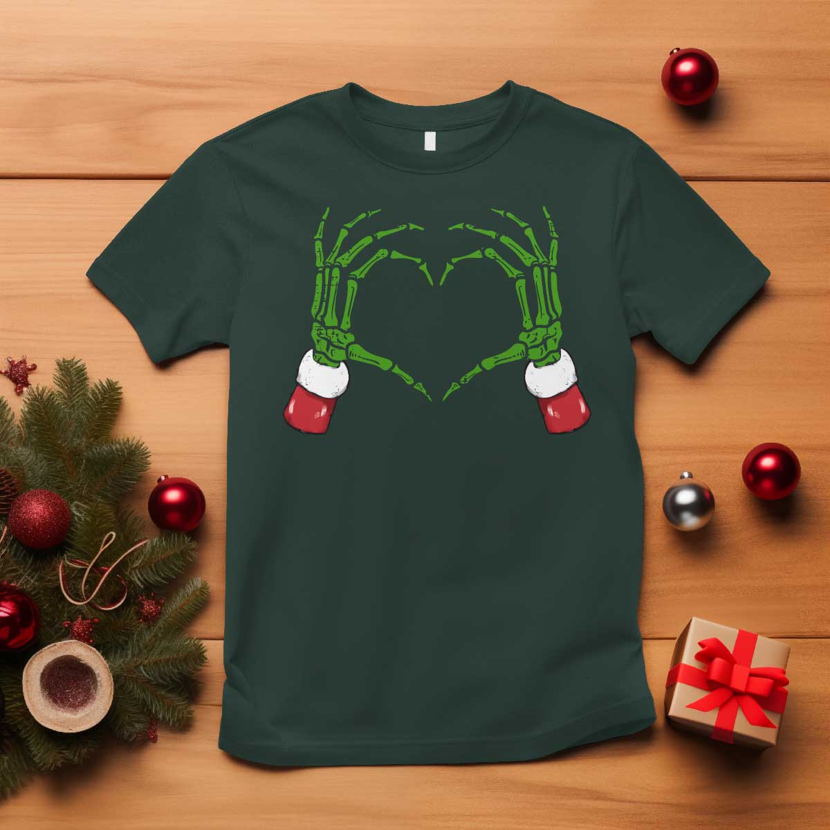 Christmas Skeleton Heart Hands T Shirt TS10 Dark Forest Green Print Your Wear
