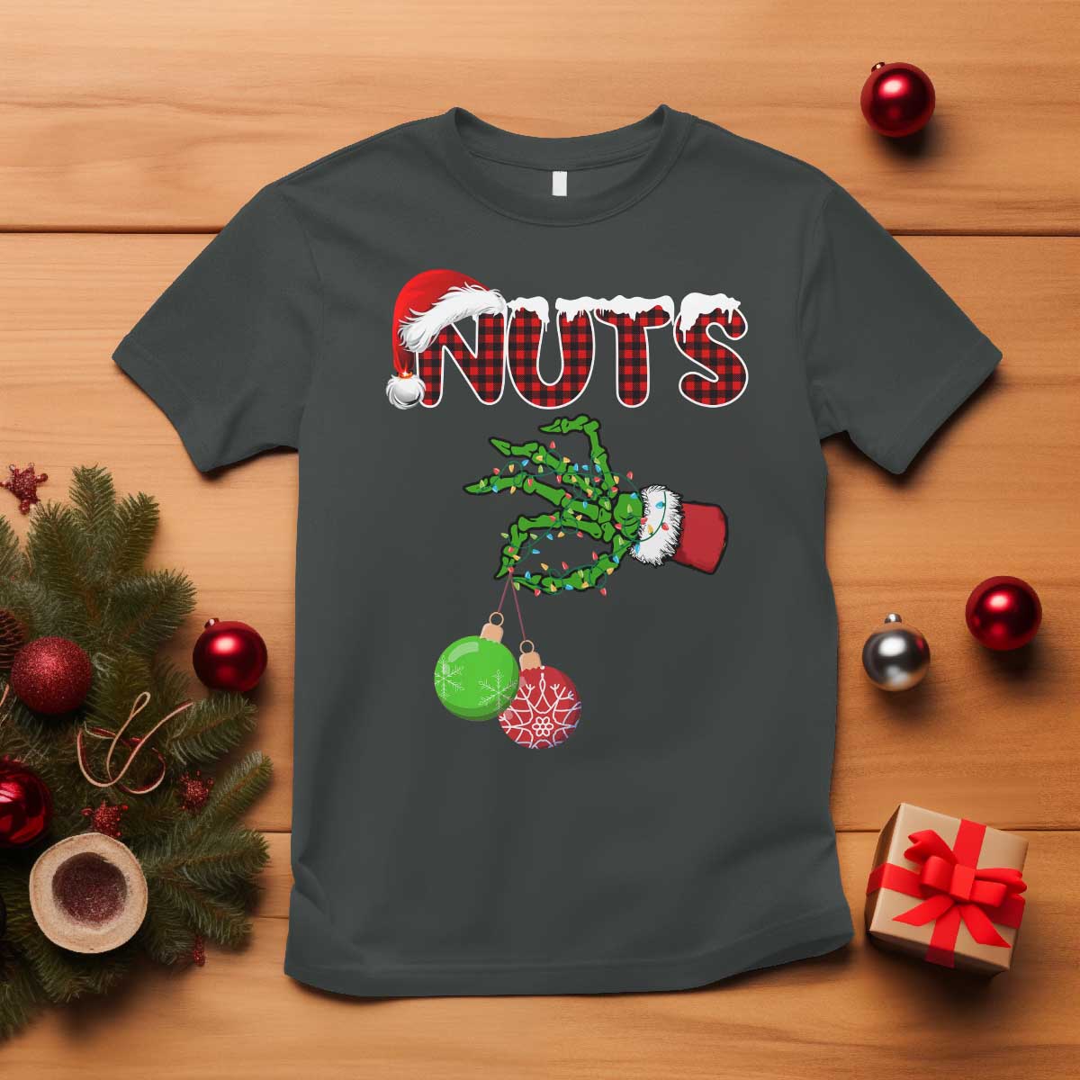 Funny Couples Christmas T Shirt Chest And Nuts Matching Holiday Skeleton Hand TS10 Dark Heather Print Your Wear
