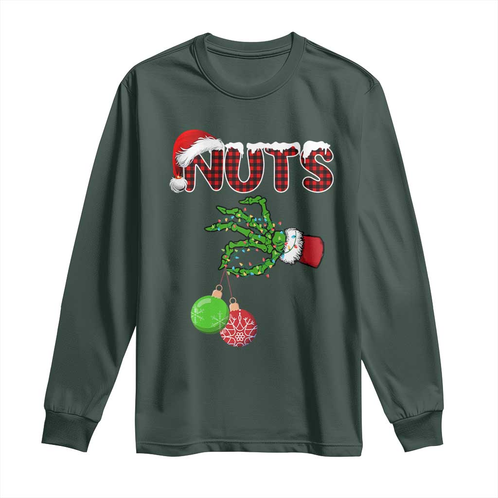 Funny Couples Christmas Long Sleeve Shirt Chest And Nuts Matching Holiday Skeleton Hand TS10 Dark Forest Green Print Your Wear