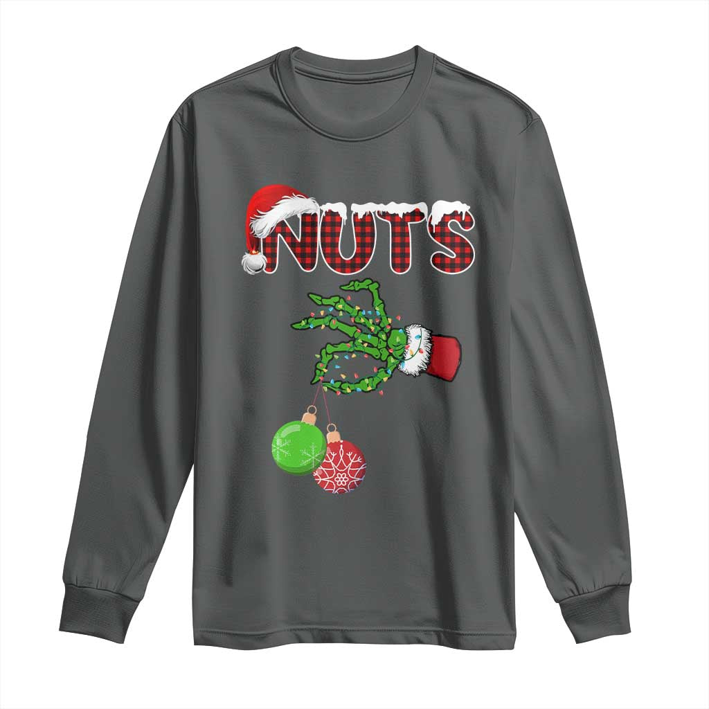 Funny Couples Christmas Long Sleeve Shirt Chest And Nuts Matching Holiday Skeleton Hand TS10 Dark Heather Print Your Wear