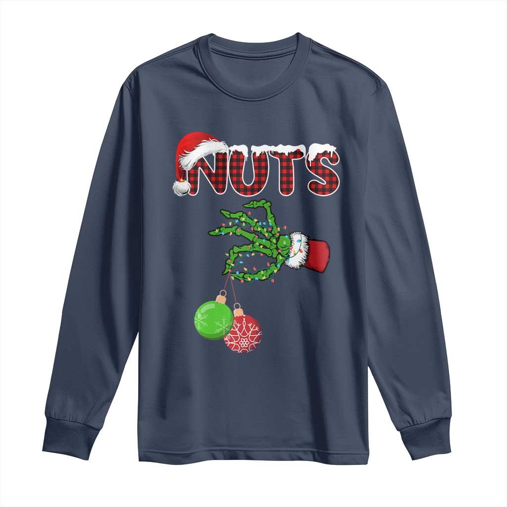 Funny Couples Christmas Long Sleeve Shirt Chest And Nuts Matching Holiday Skeleton Hand TS10 Navy Print Your Wear
