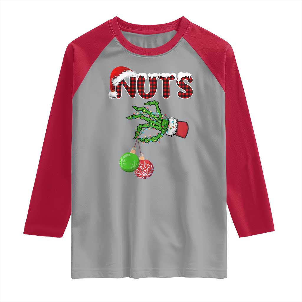 Funny Couples Christmas Raglan Shirt Chest And Nuts Matching Holiday Skeleton Hand TS10 Sport Gray Red Print Your Wear