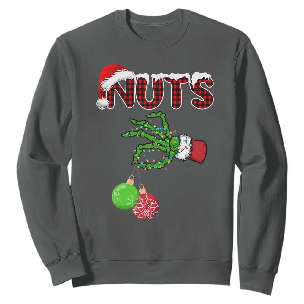Funny Couples Christmas Sweatshirt Chest And Nuts Matching Holiday Skeleton Hand TS10 Dark Heather Print Your Wear